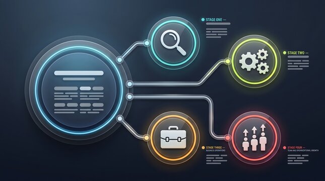 Four Stage Business Strategy Infographic Diagram on Dark Background for Corporate Presentations