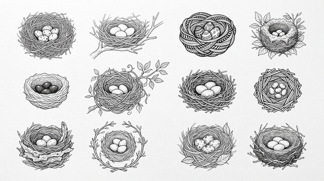 A nurturing grid of bird nests, symbolizing care, shelter, and renewal, celebrating eggs and woven twigs as timeless emblems of nature&rsquo;s protection and continuity.