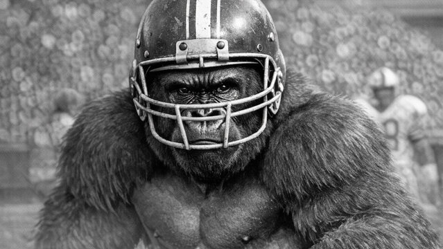 Football player in protective gear with gorilla head for a humorous take on sportsmanship.
