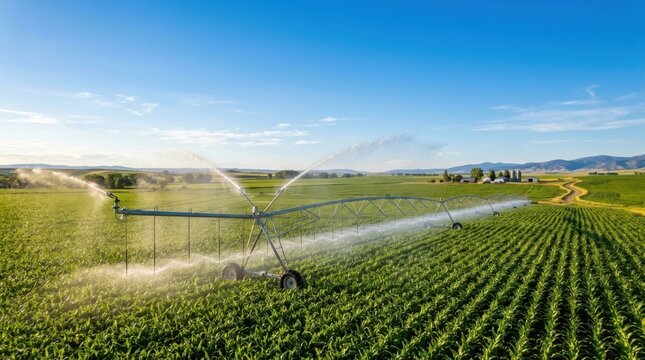 Automated Center Pivot Irrigation Sprinkler System Watering Green Corn Field