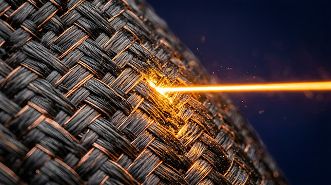 Extreme Macro Copper Carbon Fiber Texture Surface Illuminated by Glowing Amber Laser Beam