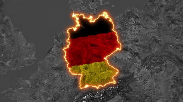 3D Map of Germany with Glowing Fiery Border and German Flag Overlay