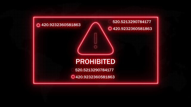 Cybersecurity warning interface with neon red prohibited alert sign and rapidly changing digital data streams for high-tech network security, system access denied, and unauthorized data breach