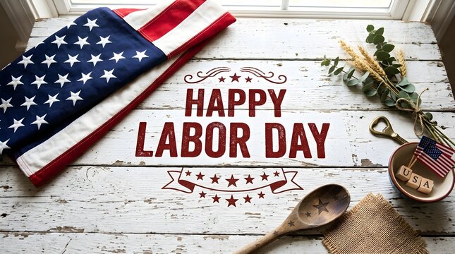 Happy labor day greeting card with american flag, wooden spoon, and rustic decorations on a white wooden background