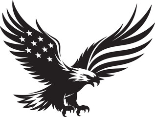Fototapeta premium Black and white flying eagle illustration with American flag pattern
