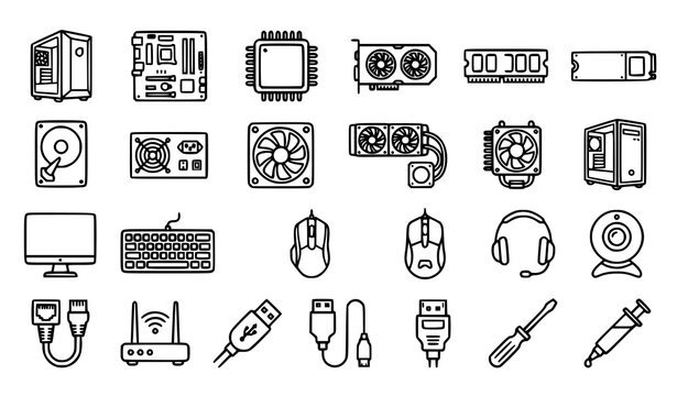Computer Building and PC Upgrade Outline Icons Set with Hardware Parts