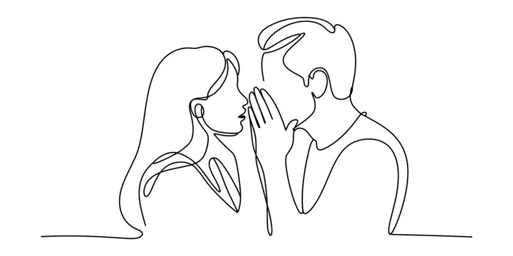 Man whispering a secret to a woman in a continuous single line drawing style Vector, illustration