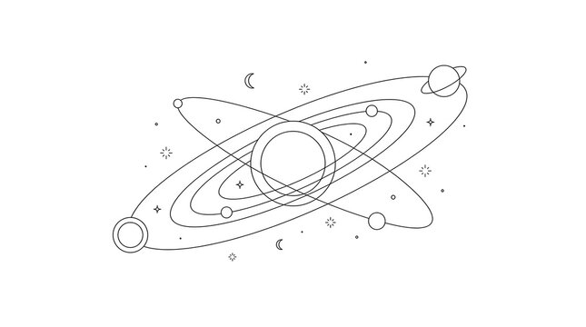 Planets orbiting a central star. Minimalist space illustration with celestial rings.