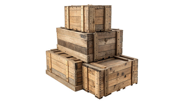 Stack of rustic vintage wooden shipping boxes crates isolated on transparent background