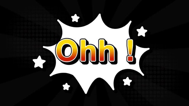 Ohh text word lettering popup comic cartoon reveal with bomb and smoke explosion manga anime book page dots with radial speed lines doodle black background with seamless loop animation retro clip