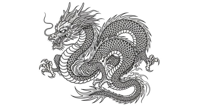 Detailed Black and White Dragon Illustration in Circular Compass Pose