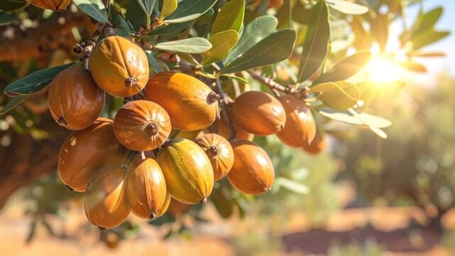 A cluster of ripe golden fruits hanging from a tree branch