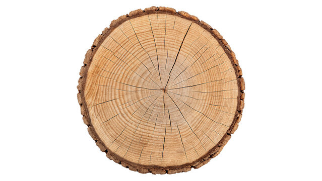 Round wooden log cross section slice with annual rings isolated on transparent background