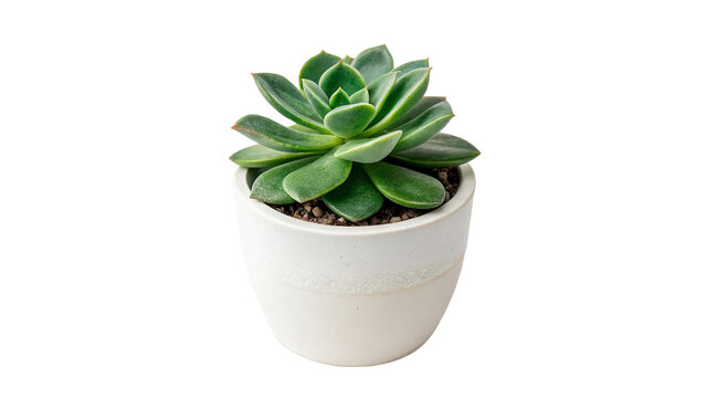 Small green succulent houseplant in white ceramic pot isolated on transparent background