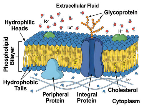 Cell membrane structure with phospholipid bilayer and proteins isolated on white background