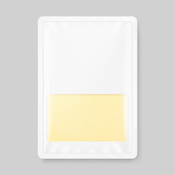 Rectangle tray container with sliced cheese mockup for design, branding, presentation of product. Realistic vector illustration isolated on grey background. Flat lay view. EPS10.