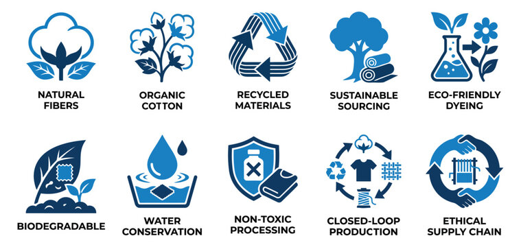 Set of ten blue icons representing sustainable eco friendly textile manufacturing and ethical fashion production Minimal solid fill icon set bundle collection. Editable Vector Illustration Mega pack