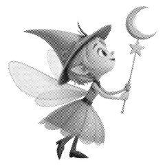 Cute cartoon fairy witch vector illustration. Grayscale dithered halftone pixie holding a crescent moon magic wand. Spooky Halloween elf mascot design.