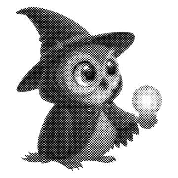 Cute cartoon owl wizard vector illustration. Grayscale dithered halftone character wearing a pointy hat and cape while holding a glowing crystal orb. Spooky Halloween mascot design.