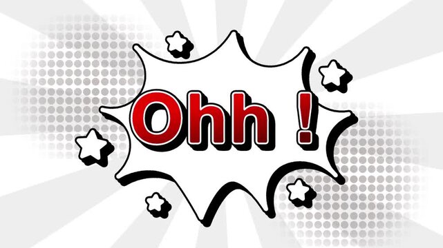 Ohh text word lettering popup comic cartoon reveal with bomb and smoke explosion manga anime book page dots with radial speed lines doodle white background with seamless loop animation retro clip