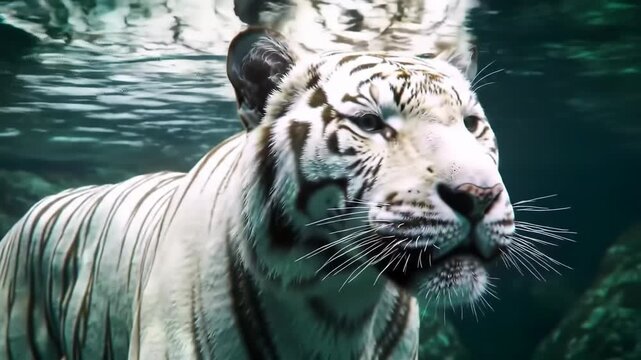 Close-up portrait of a majestic white tiger swimming submerged in clear turquoise water, showing detailed fur patterns and whiskers beneath the rippling surface reflections.