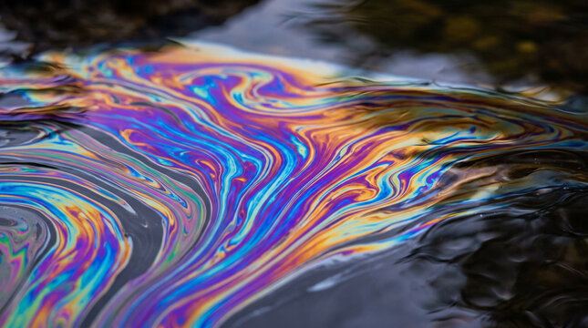 Iridescent oil film patterns on dark water surface.
