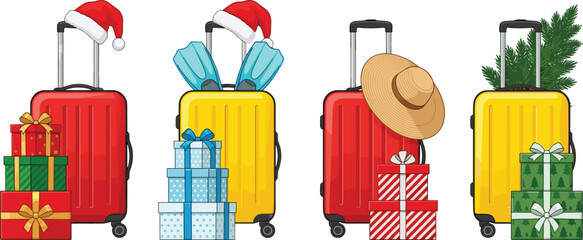 Christmas vacation travel luggage set with red yellow suitcase gift boxes santa hat and summer flippers vector © Lipon