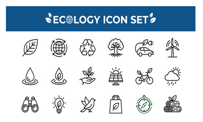 Fototapeta premium Set of ecology and environmental protection line icons for sustainable development projects.
