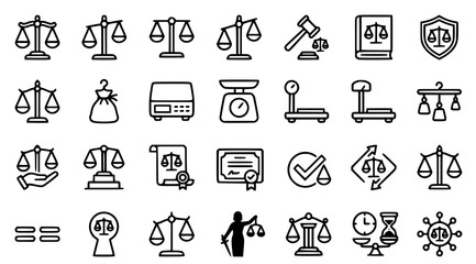 Fototapeta premium Justice scales and weight balance vector icon set with legal law measurement fairness and compliance symbols isolated on white background