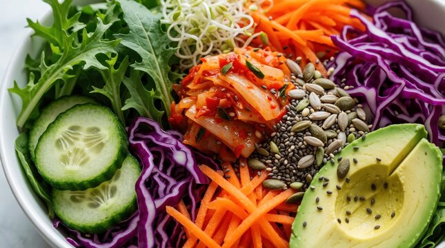 Healthy bowl features fermented kimchi, fresh salad greens with raw carrots plus shredded cabbage. Nutritious meal contains avocado, sunflower seeds plus chia for gut health. Vibrant vegetable mix