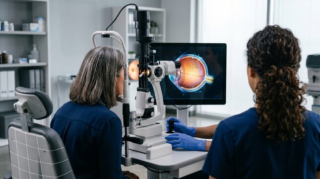 Eye specialist examining a patient's eye with a phoropter