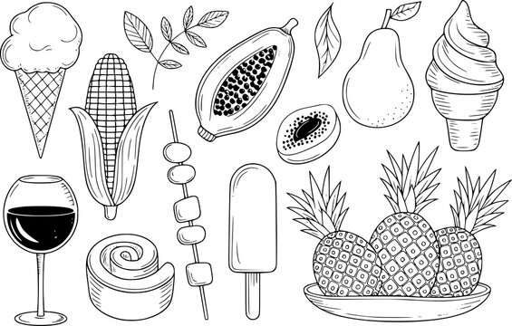 Colecci&oacute;n de garabatos dibujados a mano con varias frutas frescas, postres dulces y bebidas refrescantes en blanco y negro