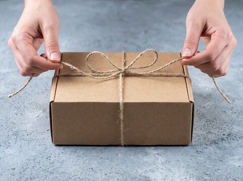 Hands Untying Twine Bow on Kraft Gift Box Packaging Mockup on Concrete