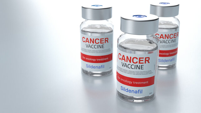 Conceptual cancer vaccine bottles featuring Sildenafil medication for pharmaceutical research and therapy