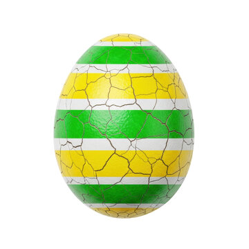 A single cracked easter egg with vibrant green and yellow stripes on a transparent studio background captured from a high angle. concept of festive fragility