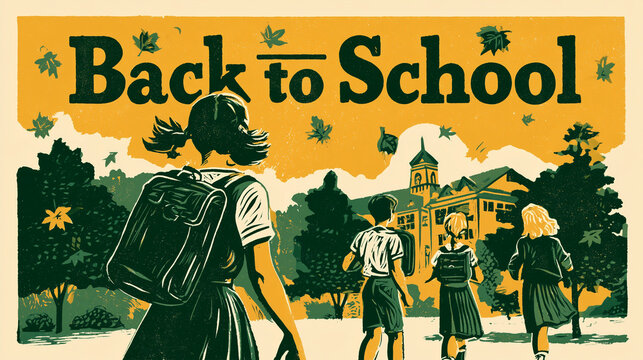 Illustration of Children Walking to School Autumn.