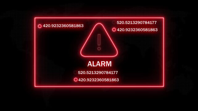 Digital red neon alarm warning sign with pulsing geometric data interface and flashing alert notification symbol for cybersecurity, system failure, emergency broadcast, and high-tech security