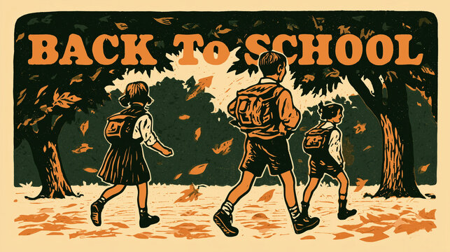 Illustration of Children Walking to School Autumn.
