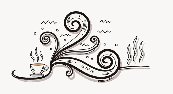 A hand-drawn vector illustration of a hot coffee cup surrounded by decorative swirls, steam trails, and artistic linework patterns.