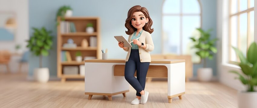Cartoon woman in office holding tablet and checking watch