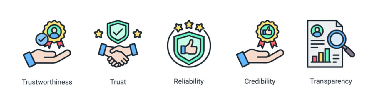 Modern Brand Trust icon set featuring trustworthiness, credibility, transparency, reliability, and customer confidence concepts.