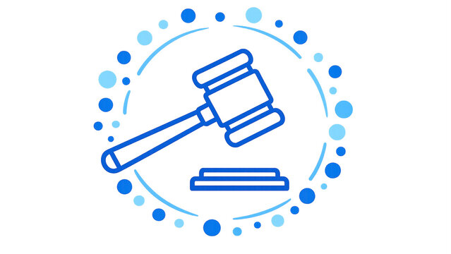 Scales of justice in legal dispute, gavel symbolizing law and court, with dice for chance or risk. Icon for judgement, arbitrage and decision-making.