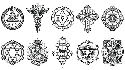 Occult alchemy symbols and mystical sigils set, 10 esoteric vector icons with sacred geometry, hermetic spiritual emblems for magic and astrology © Saber