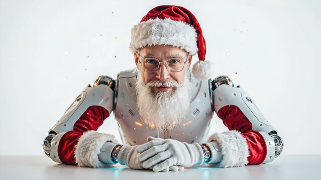 Santa claus with robotic arms isolated on white background for futuristic christmas concept