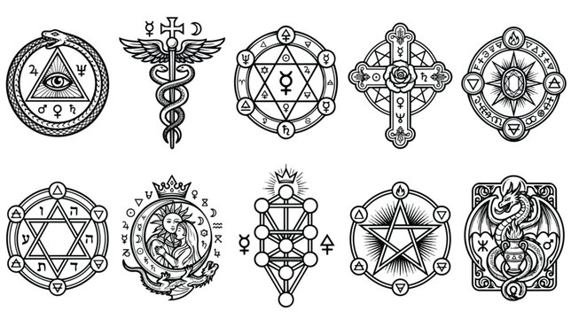 Occult alchemy symbols and mystical sigils set, 10 esoteric vector icons with sacred geometry, hermetic spiritual emblems for magic and astrology
