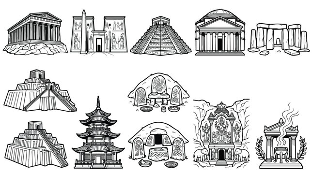 Ancient civilization landmarks vector set, hand drawn historical ruins and temple icons, 12 black and white archaeological monument illustrations