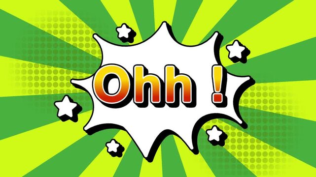 Ohh text word lettering popup comic cartoon reveal with bomb and smoke explosion manga anime book page dots with radial speed lines doodle green background with seamless loop animation retro clip