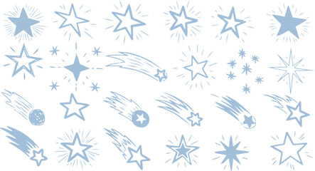 A cute collection of hand-drawn light blue stars, sparkling burst icons, shooting comets, and cosmic doodles isolated on a white background. © Moahmmad