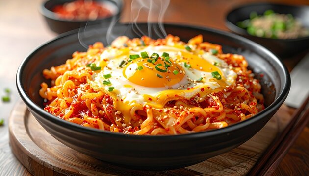 Realistic close-up Korean kimchi ramyeon with melted cheese and egg