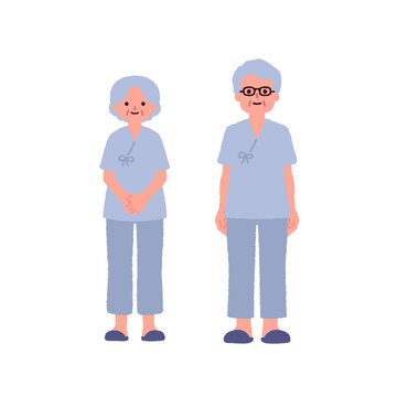 健康診断を受ける高齢者の男女のイラスト / Illustration of elderly men and women undergoing a health checkup